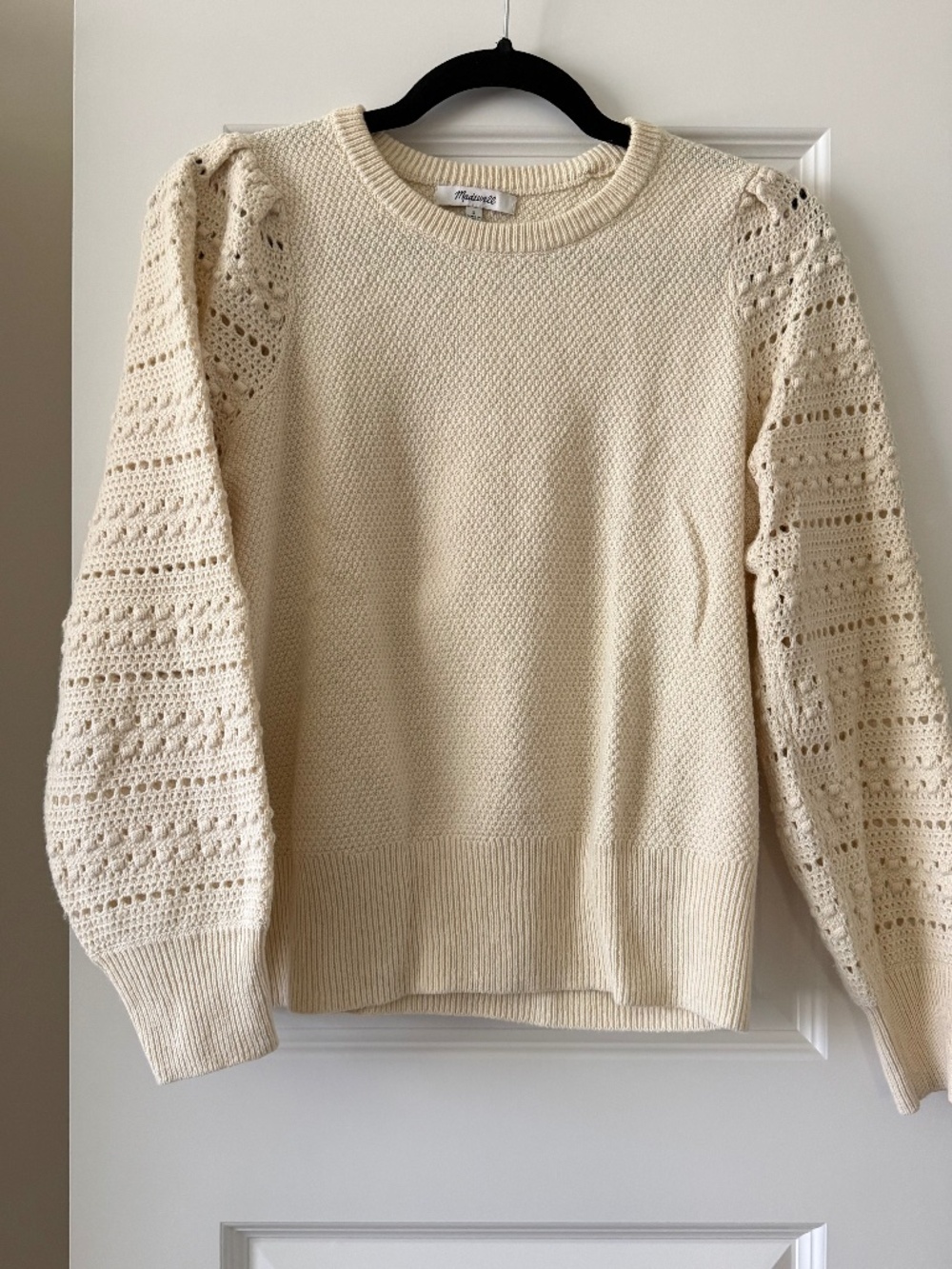 Madewell sweater with crochet style sleeves